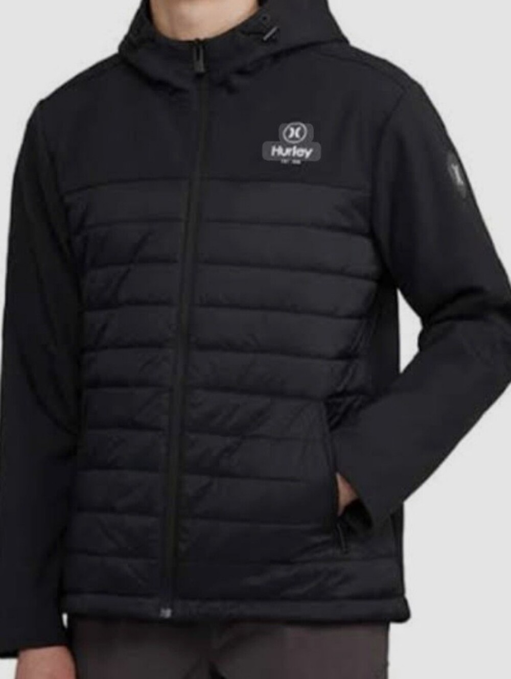 Hurley Men's Black Puffer Hybrid Hooded Jacket Medium